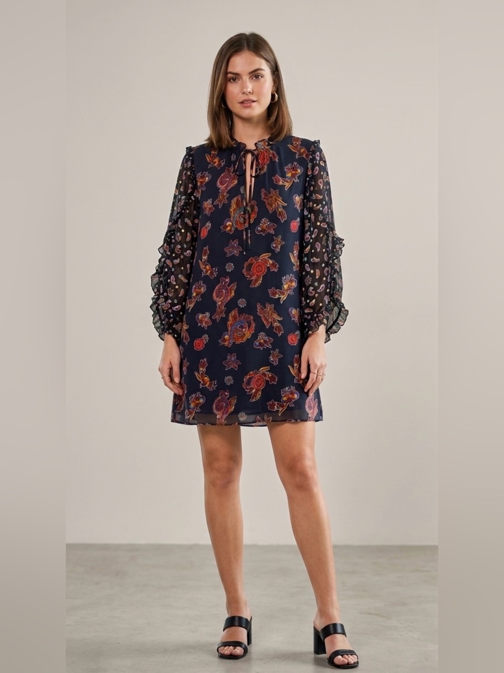 Alice + Olivia Dark Navy Floral Paisley Ruffle Sleeve Mini Dress - Size M
